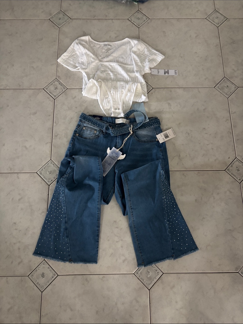Women's Blue Embellished Wide-Leg Jeans - White Top body suit Included